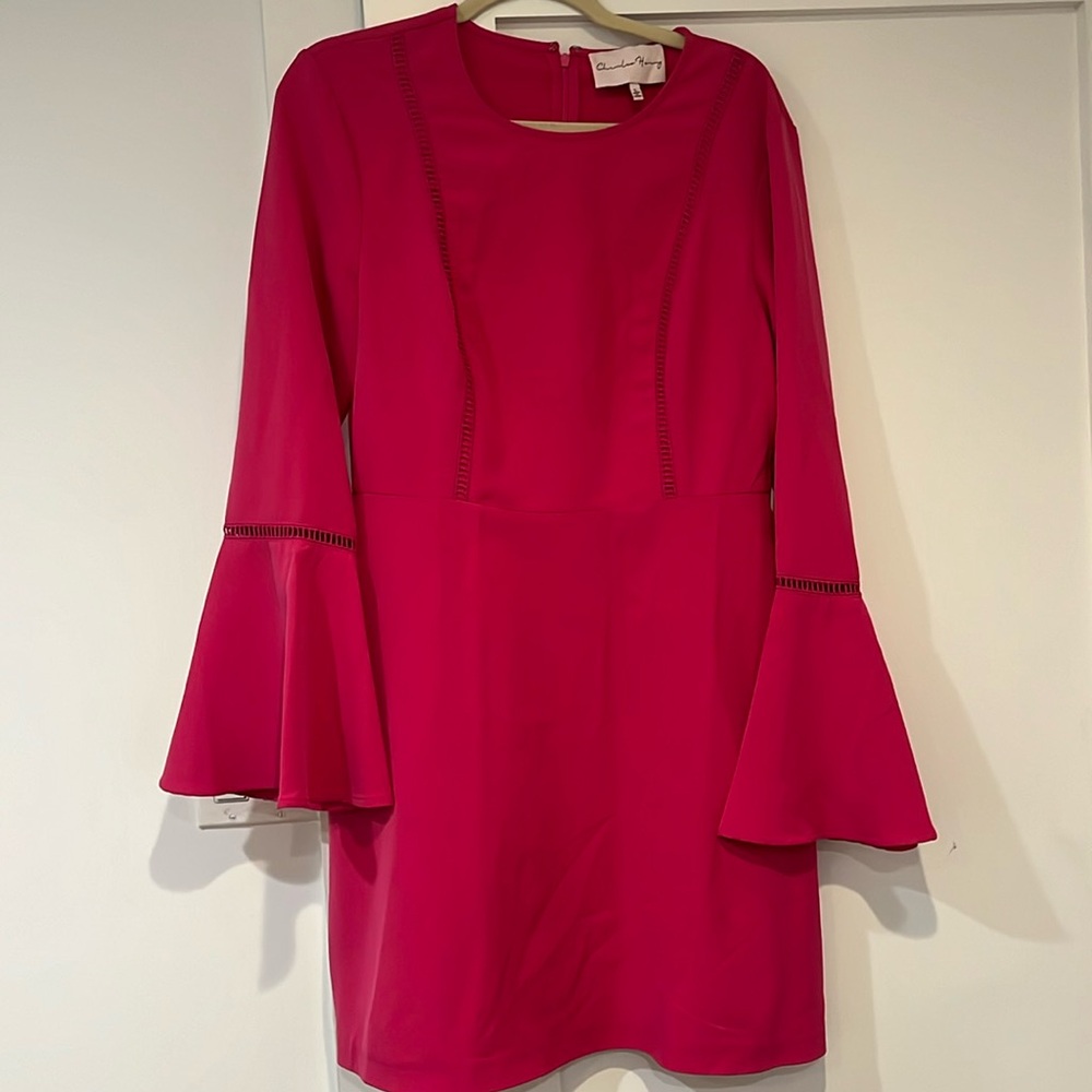 hot pink mini dress with bell sleeves